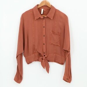 Anthropologie Pilcro Rust Brown Tie Front Button Top Lightweight Fall CropSize S